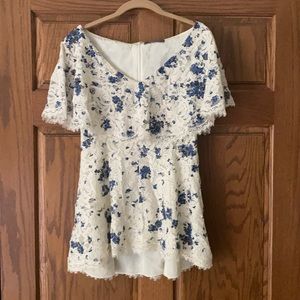 Lela Rose lace ivory and blue floral top.   Worn once.  Size 4.